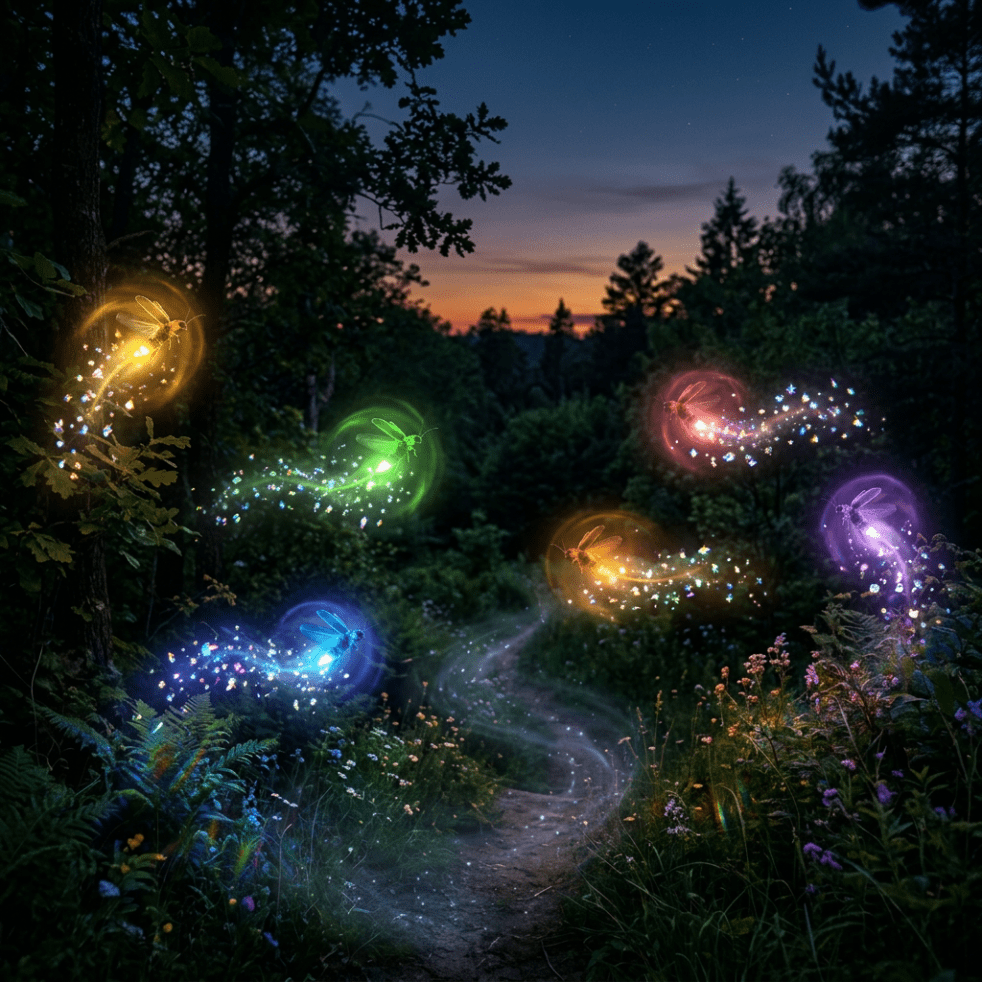 Fireflies glowing in various colors flying over a forest path at dusk