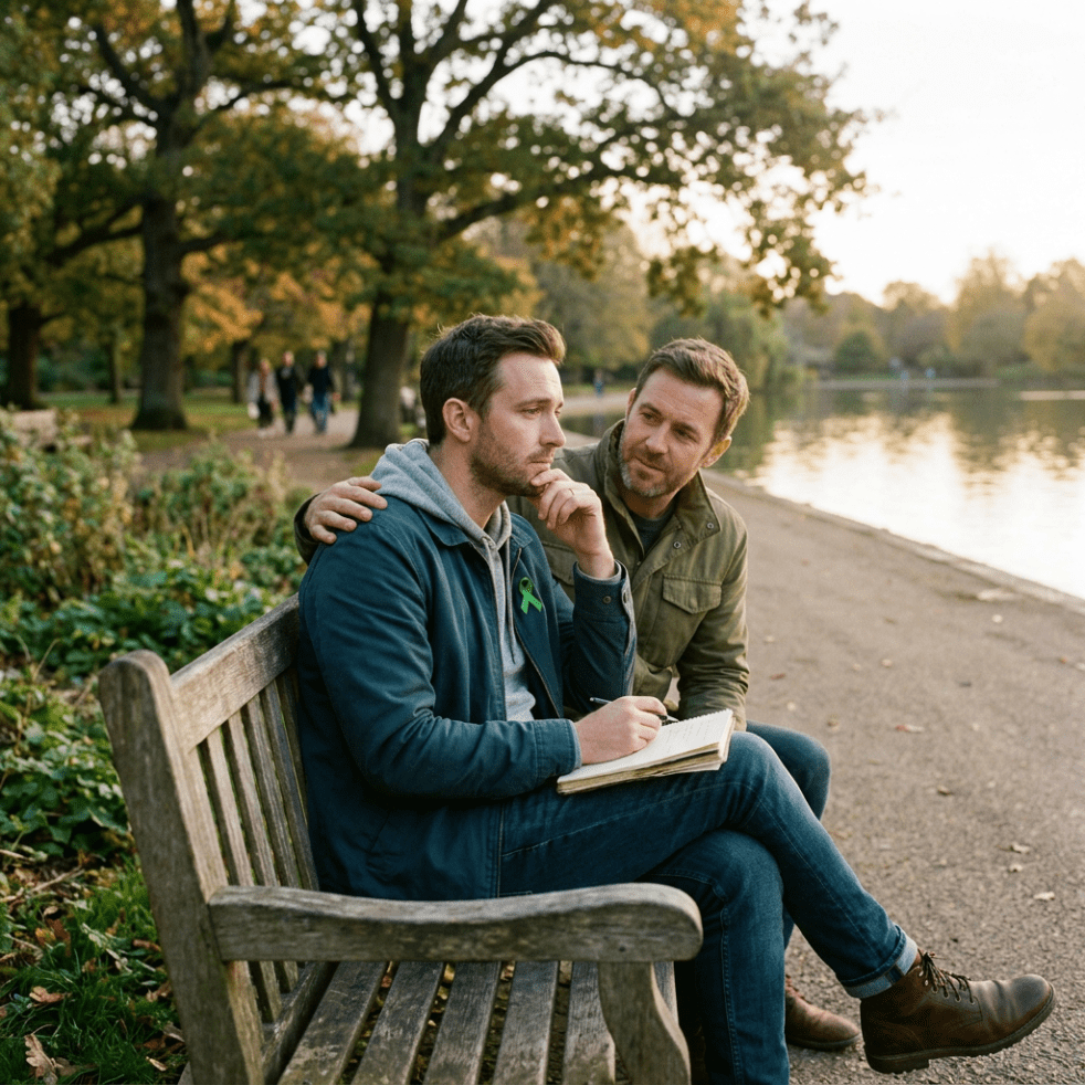 Two men sitting on a park bench by a lake, one man comforting the other.