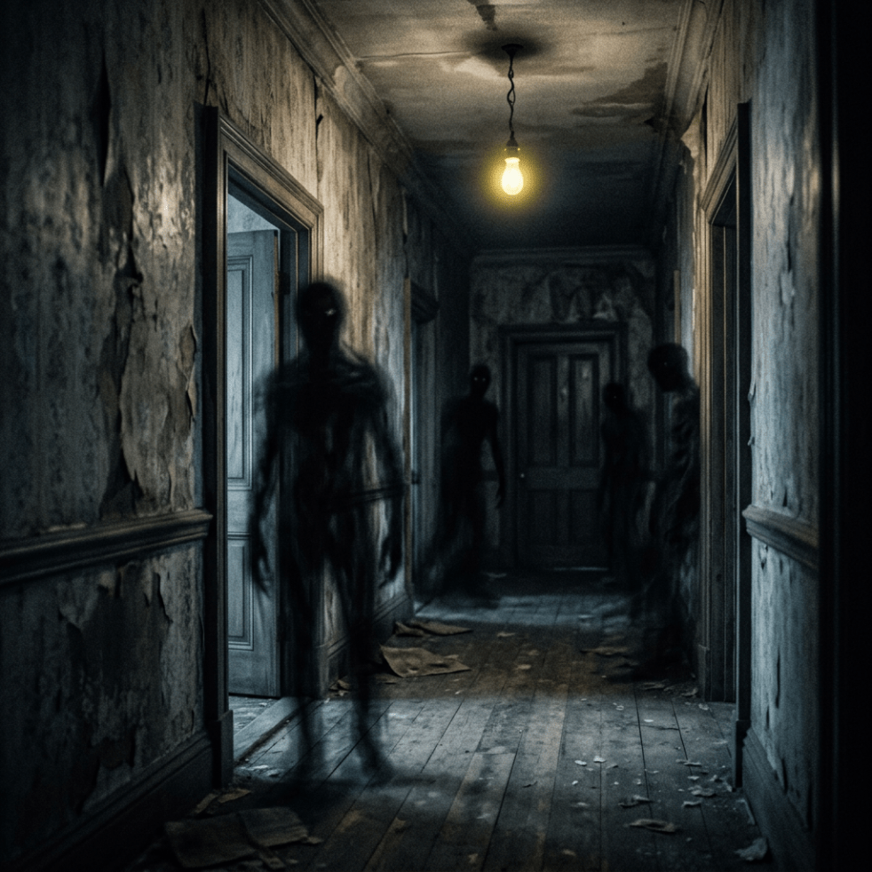 Dark hallway with peeling walls and shadowy humanoid figures under a single hanging light bulb