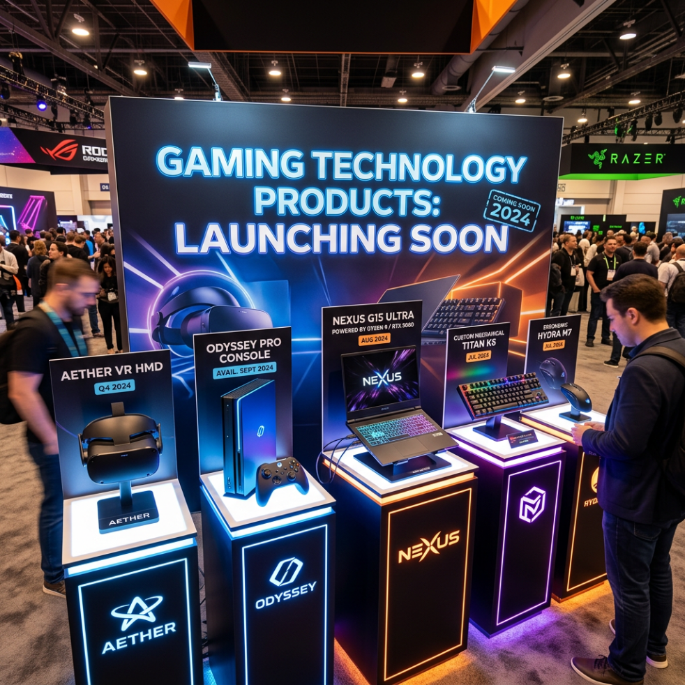 Gaming technology products including VR headset, console, laptop, keyboard, and mouse launching in 2024