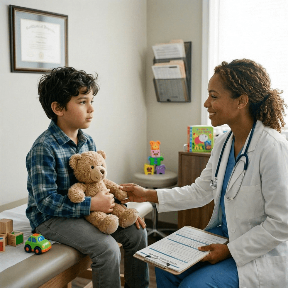 Doctor in white coat with stethoscope consulting male patient on examination table